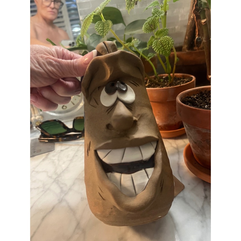 Handmade Silly Face Stoneware Mug Planter Vase Crock Whimsical Studio Pottery